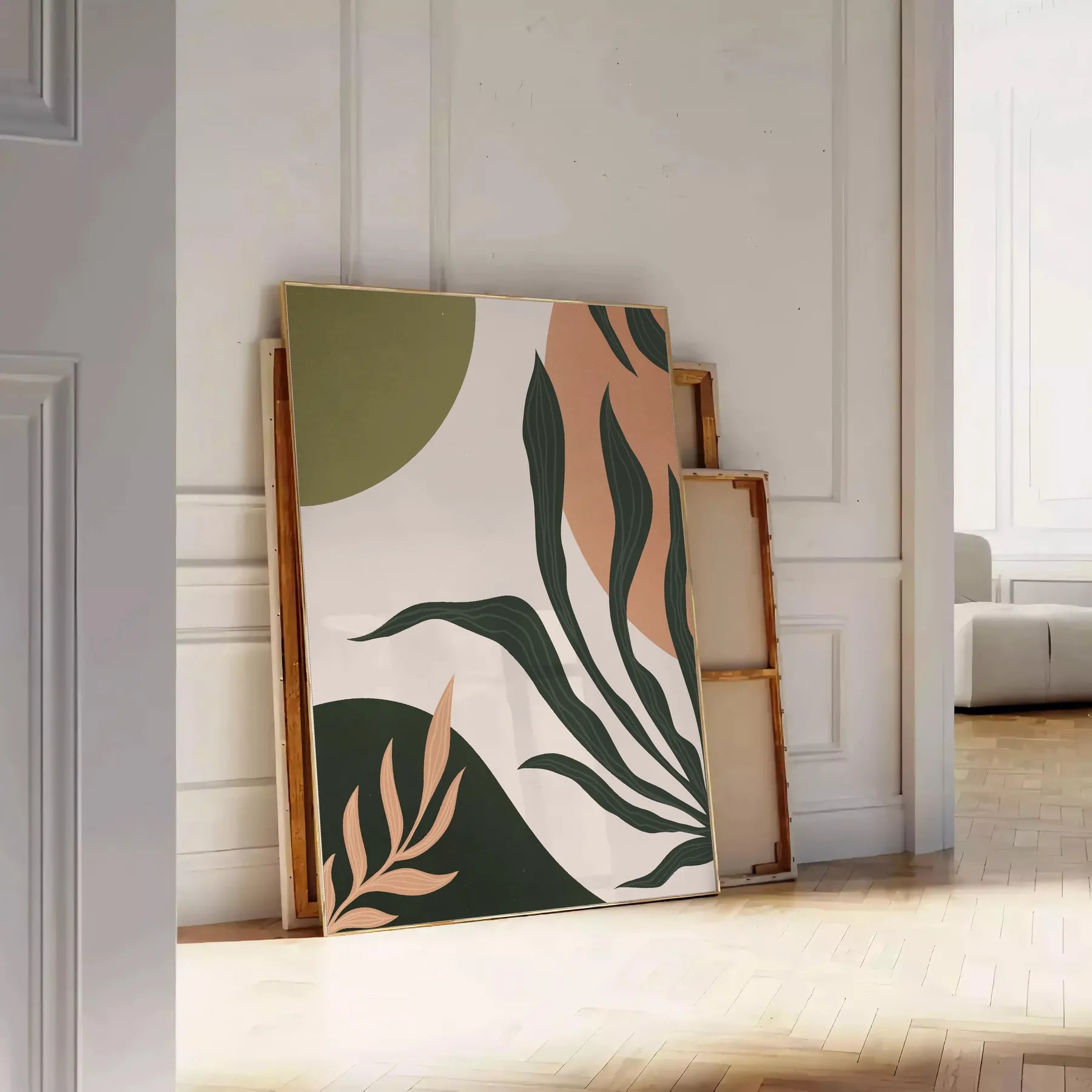 space boho art print Bohemian 21 abstract poster serene gray green tones perfect unique wall gift captivating artwork available sizes A4 cm A0